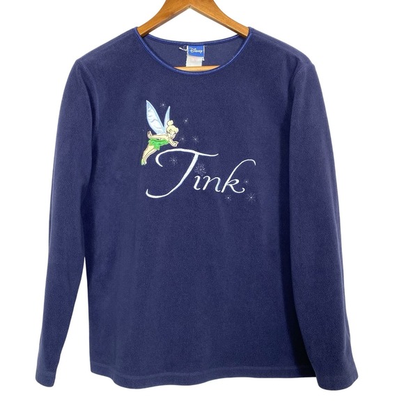 Disney Tops - Disney Tinkerbell Womens Medium Velour Fleece Tink Crew Sweatshirt Blue Cozy Top